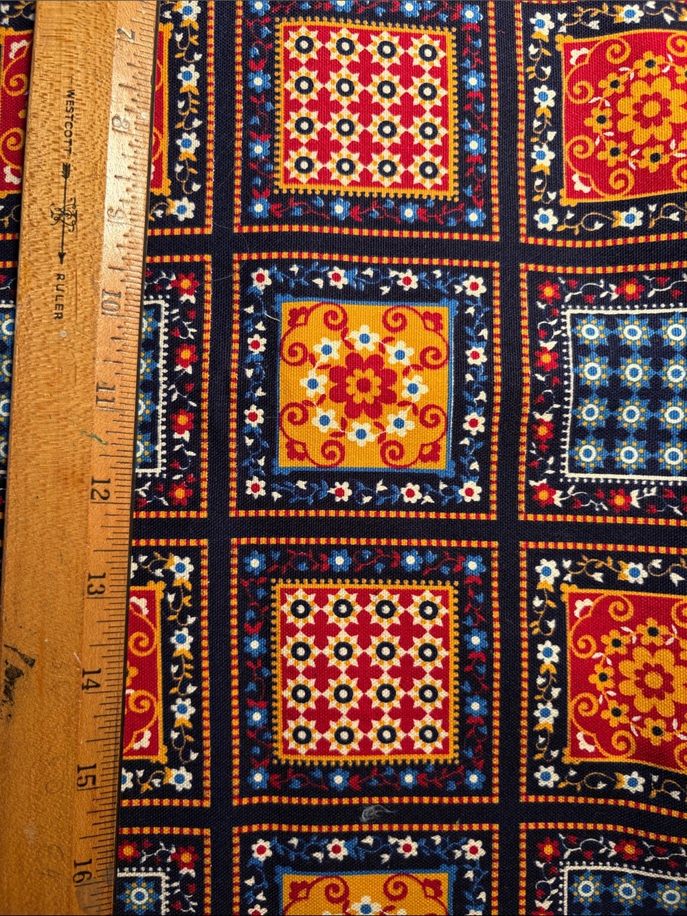 Vintage Concord Fabrics Patterned Decorative Fabric Panel Navy, Red & Yellow VV